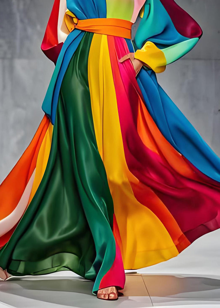 Boutique Colorblock O Neck Tie Waist Patchwork Silk Dresses Long Sleeve - Omychic