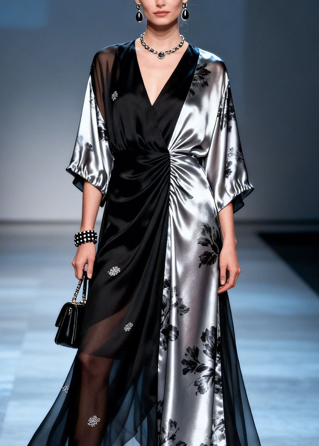 Boutique Colorblock V Neck Print Zircon Silk Dress Summer