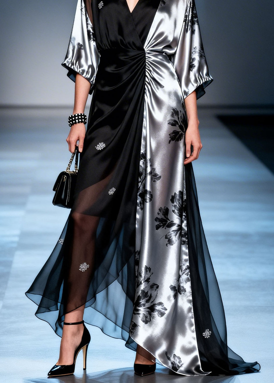 Boutique Colorblock V Neck Print Zircon Silk Dress Summer