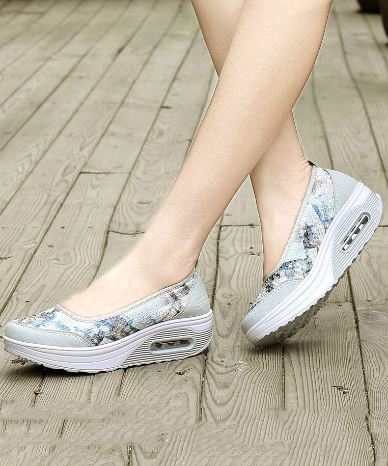 Boutique Cotton Fabric Grey Embossed Platform Flat Feet Shoes