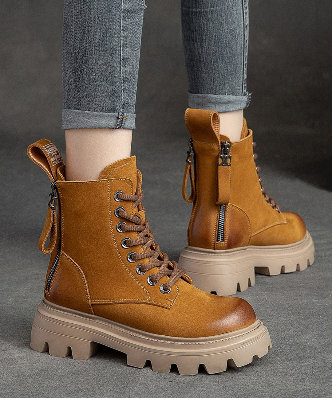 Boutique Cowhide Leather Green Splicing Boots Lace Up