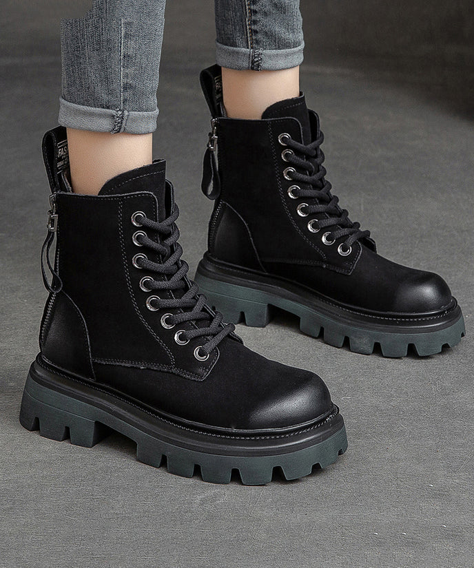 Boutique Cowhide Leather Green Splicing Boots Lace Up