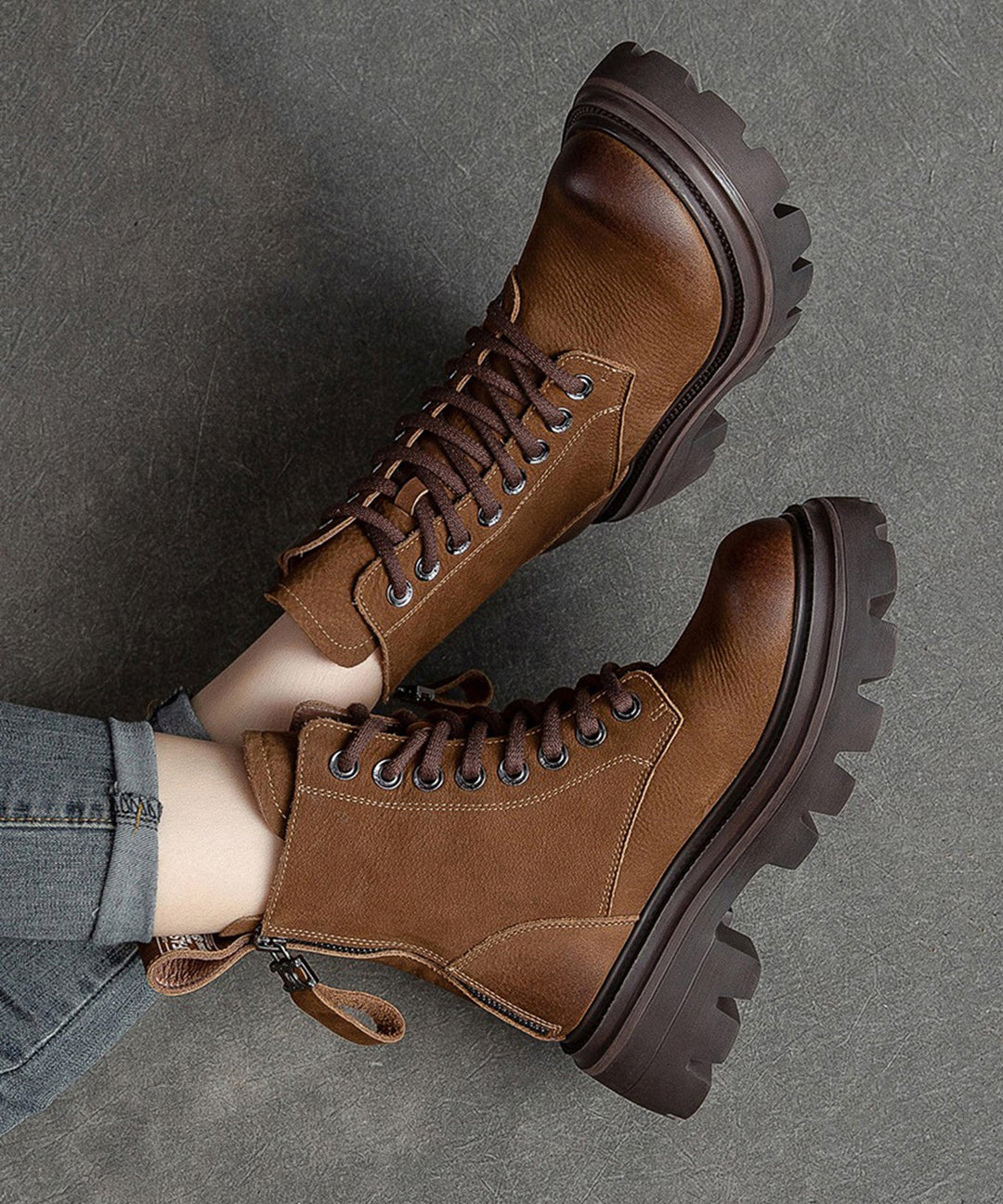 Boutique Cowhide Leather Green Splicing Boots Lace Up