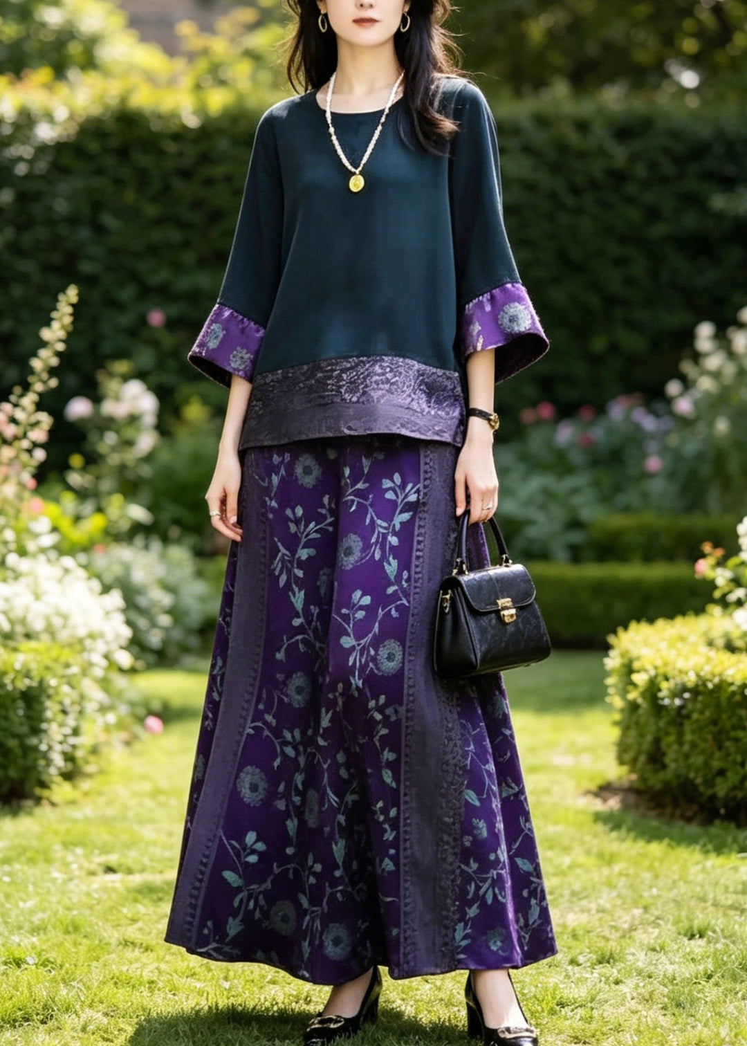 Boutique Dark Blue O-Neck Patchwork Silk T Shirts And Wide Leg Pants Two Piece Set Summer
