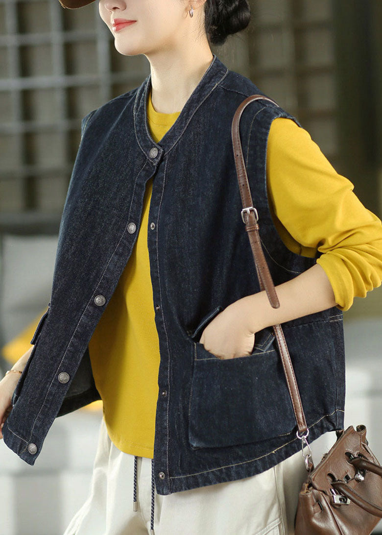 Boutique Dark Blue O-Neck Pockets Patchwork Denim Waistcoat Sleeveless