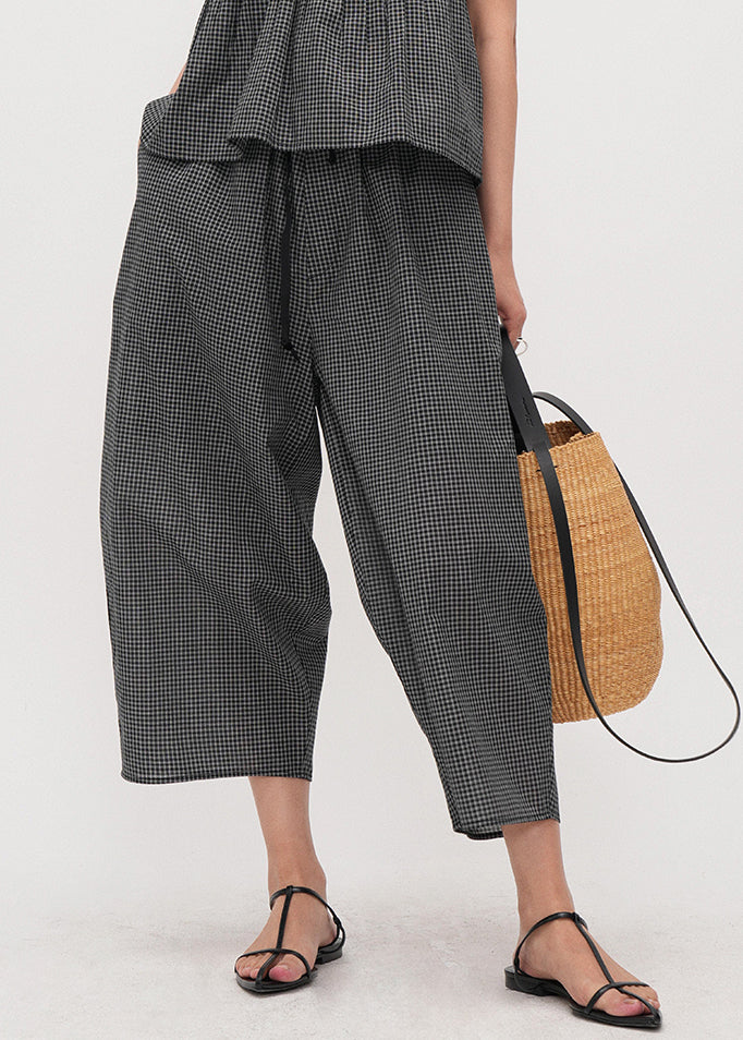 Boutique Dark Grey Oversized Plaid Cotton Harem Pants Summer