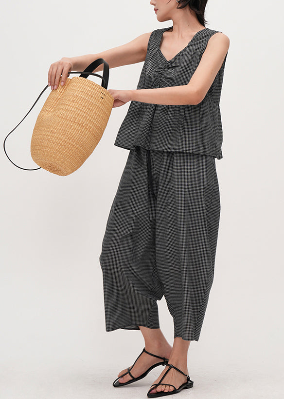 Boutique Dark Grey Oversized Plaid Cotton Harem Pants Summer