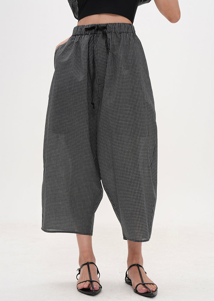 Boutique Dark Grey Oversized Plaid Cotton Harem Pants Summer