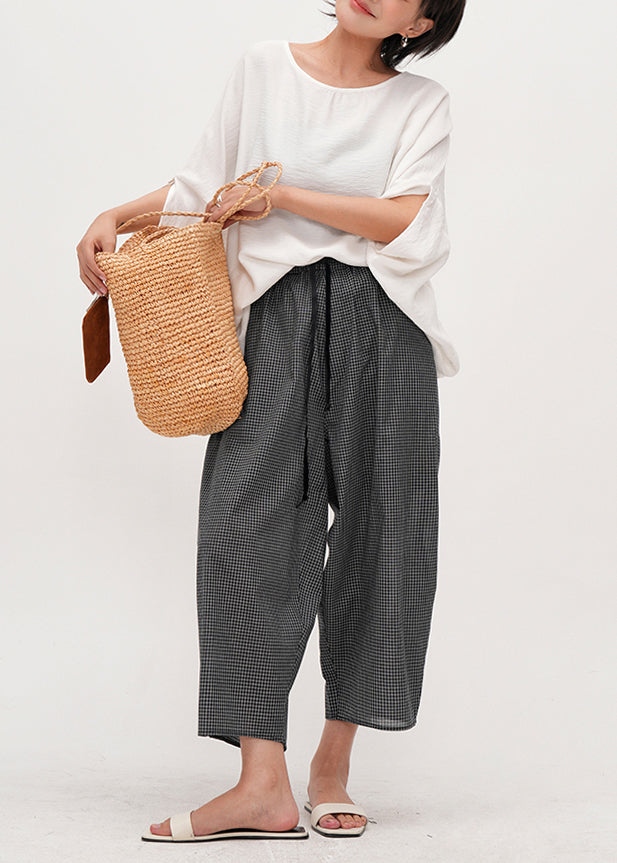 Boutique Dark Grey Oversized Plaid Cotton Harem Pants Summer