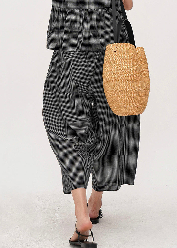 Boutique Dark Grey Oversized Plaid Cotton Harem Pants Summer