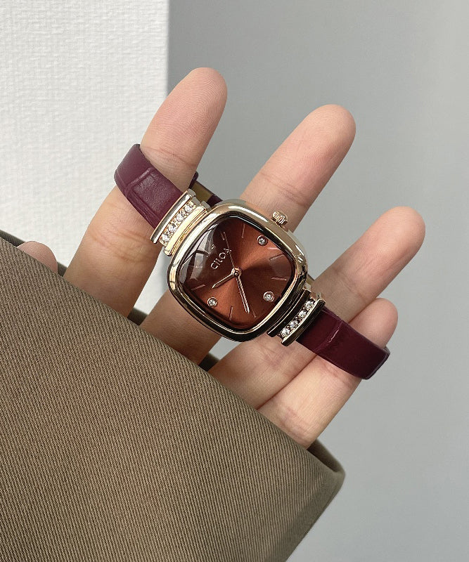 Boutique Dark Red Leather Tempered Glass Quartz Movement Watch