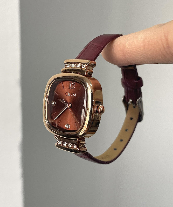 Boutique Dark Red Leather Tempered Glass Quartz Movement Watch