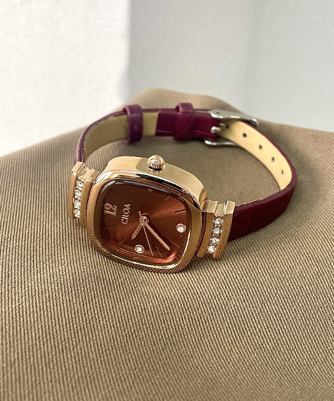 Boutique Dark Red Leather Tempered Glass Quartz Movement Watch