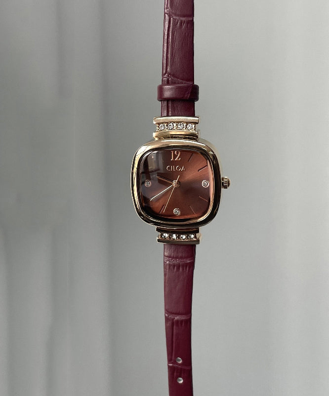 Boutique Dark Red Leather Tempered Glass Quartz Movement Watch