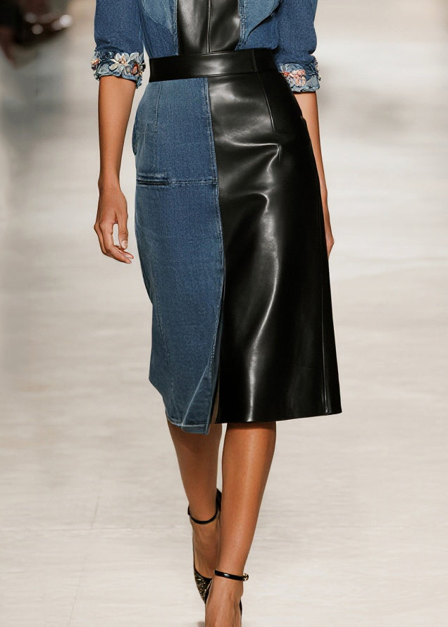 Boutique Denim Blue Asymmetrical Patchwork Faux Leather Flower Decorated Dress Summer