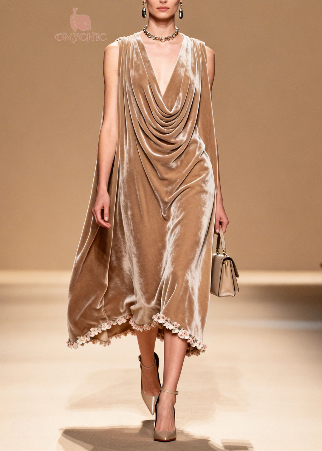 Boutique Draped Neckline Floral Patchwork Velvet Dresses Sleeveless