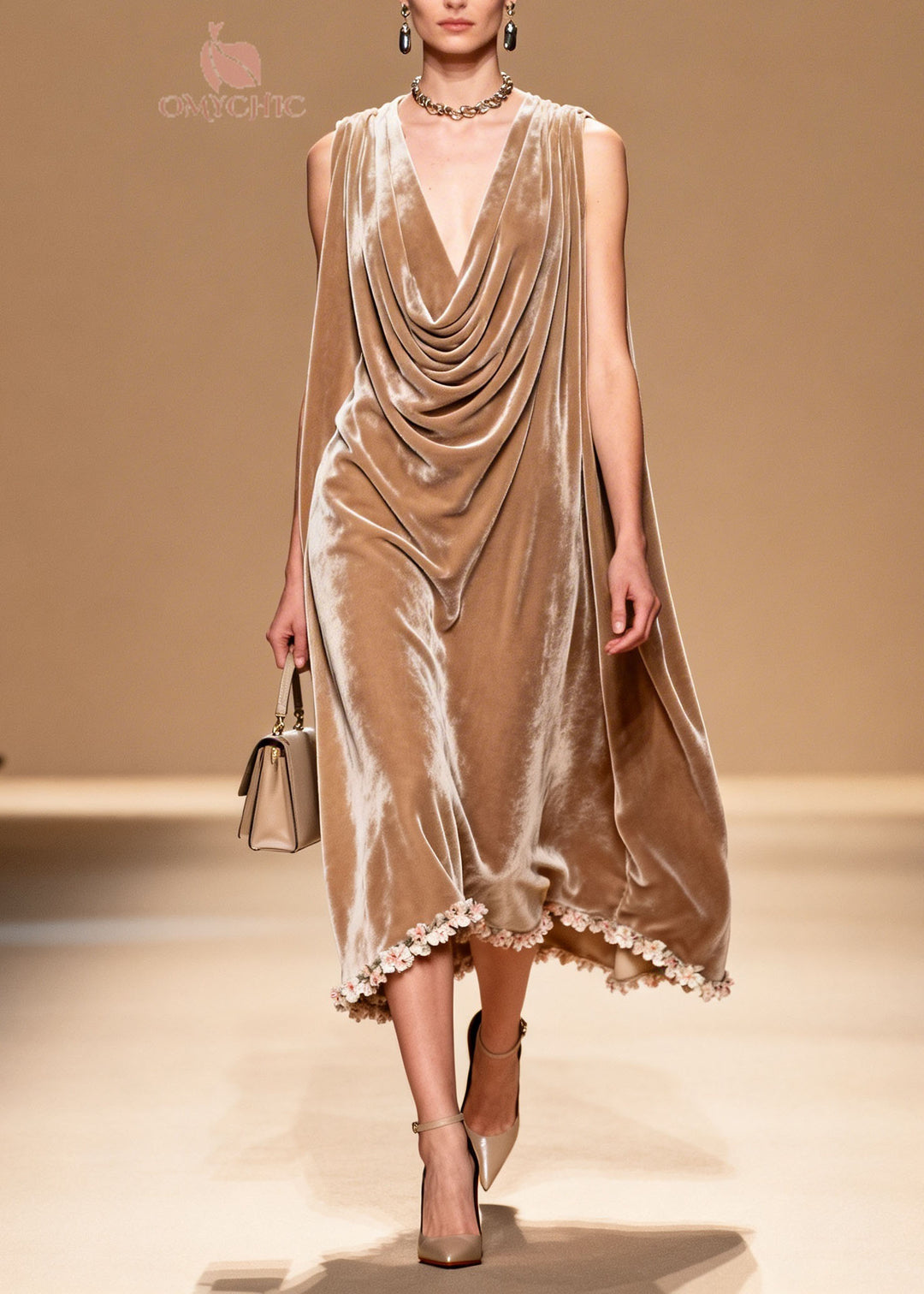 Boutique Draped Neckline Floral Patchwork Velvet Dresses Sleeveless