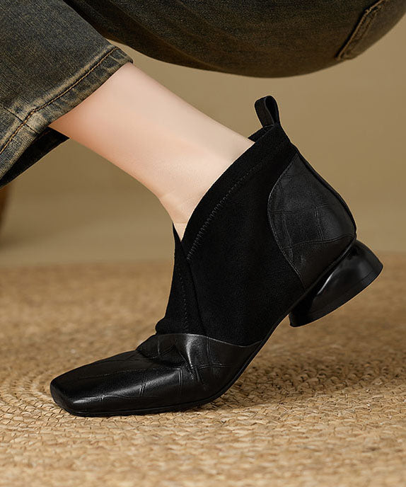 Boutique Embossed Splicing Ankle Boots Black Cowhide Leather