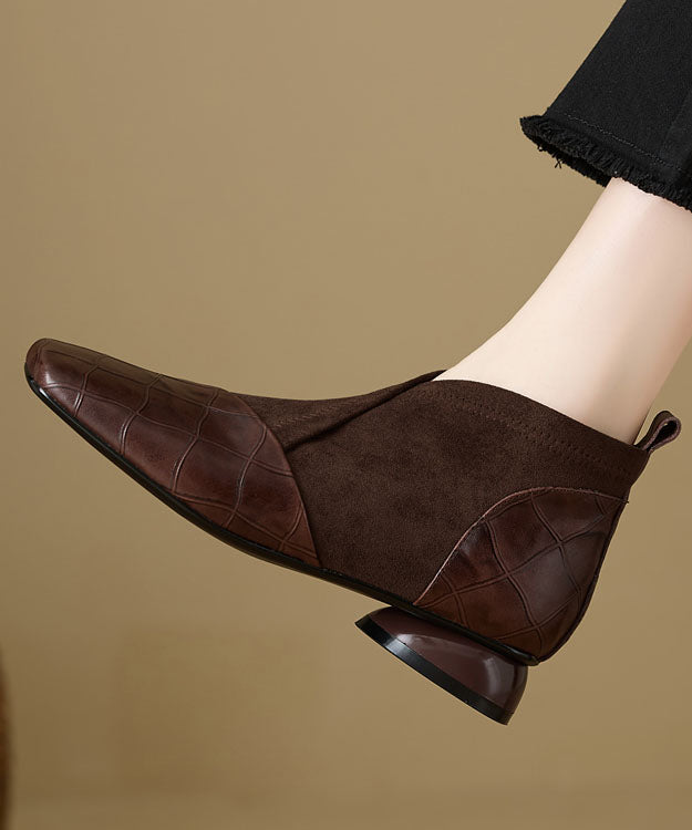 Boutique Embossed Splicing Ankle Boots Black Cowhide Leather