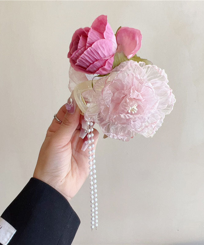 Boutique Fabric Tulle Floral Pearl Tassel Hairpin