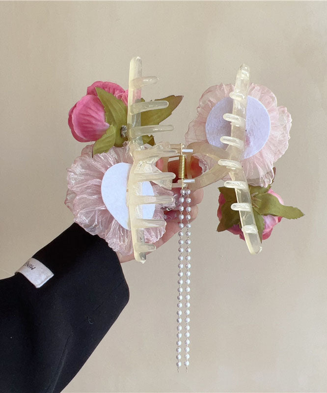 Boutique Fabric Tulle Floral Pearl Tassel Hairpin