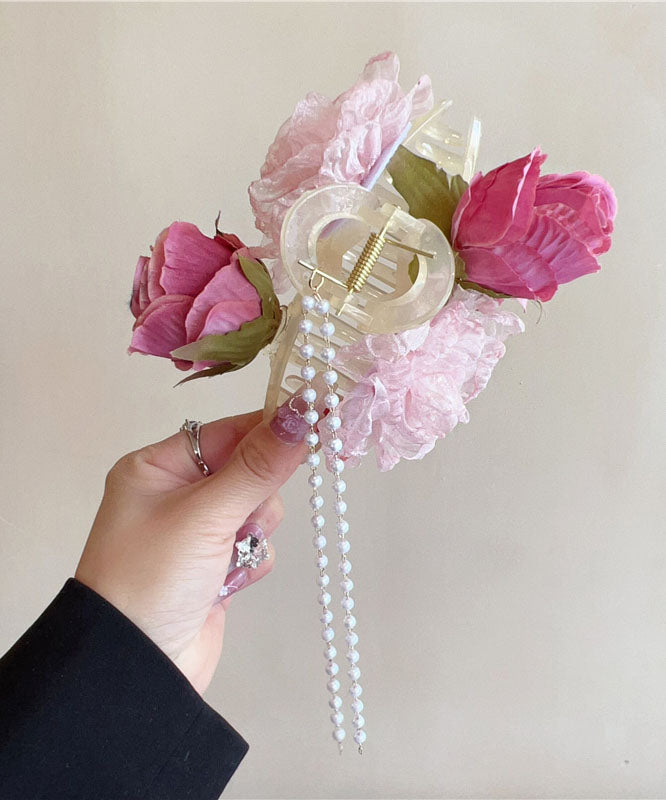 Boutique Fabric Tulle Floral Pearl Tassel Hairpin