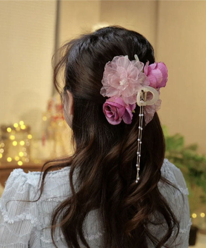 Boutique Fabric Tulle Floral Pearl Tassel Hairpin