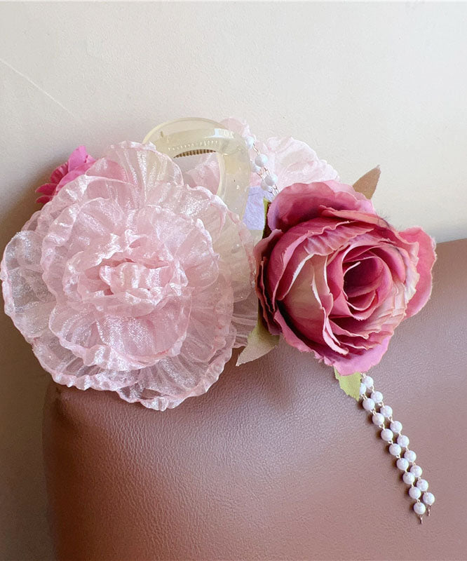 Boutique Fabric Tulle Floral Pearl Tassel Hairpin