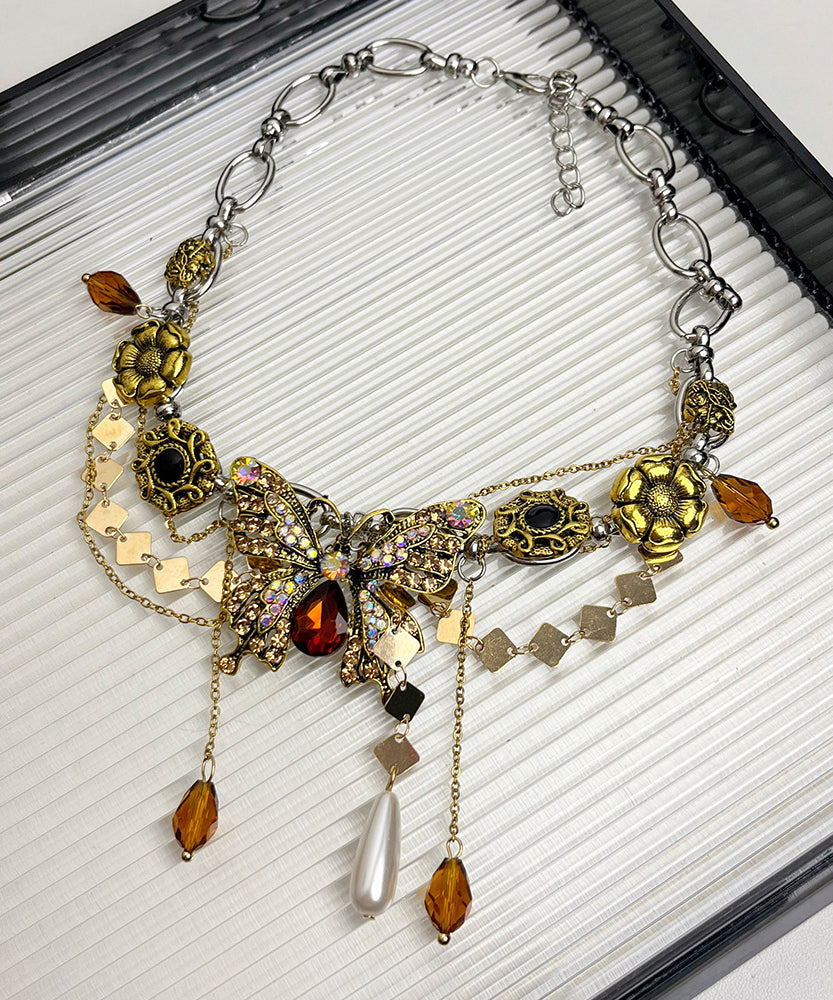 Boutique Gold Alloy Zircon Pearl Butterfly Tassel Pendant Necklace