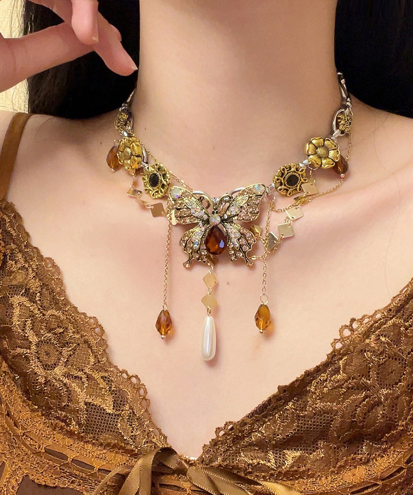 Boutique Gold Alloy Zircon Pearl Butterfly Tassel Pendant Necklace