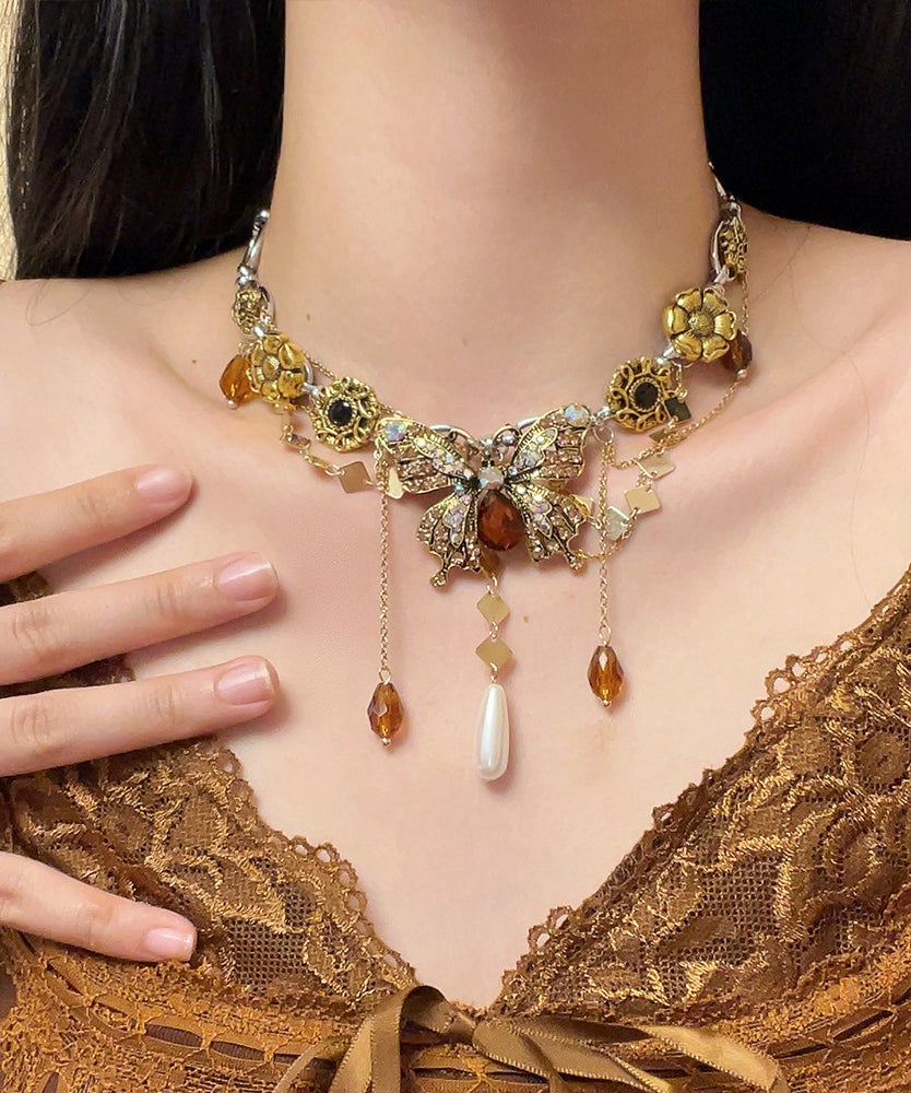 Boutique Gold Alloy Zircon Pearl Butterfly Tassel Pendant Necklace