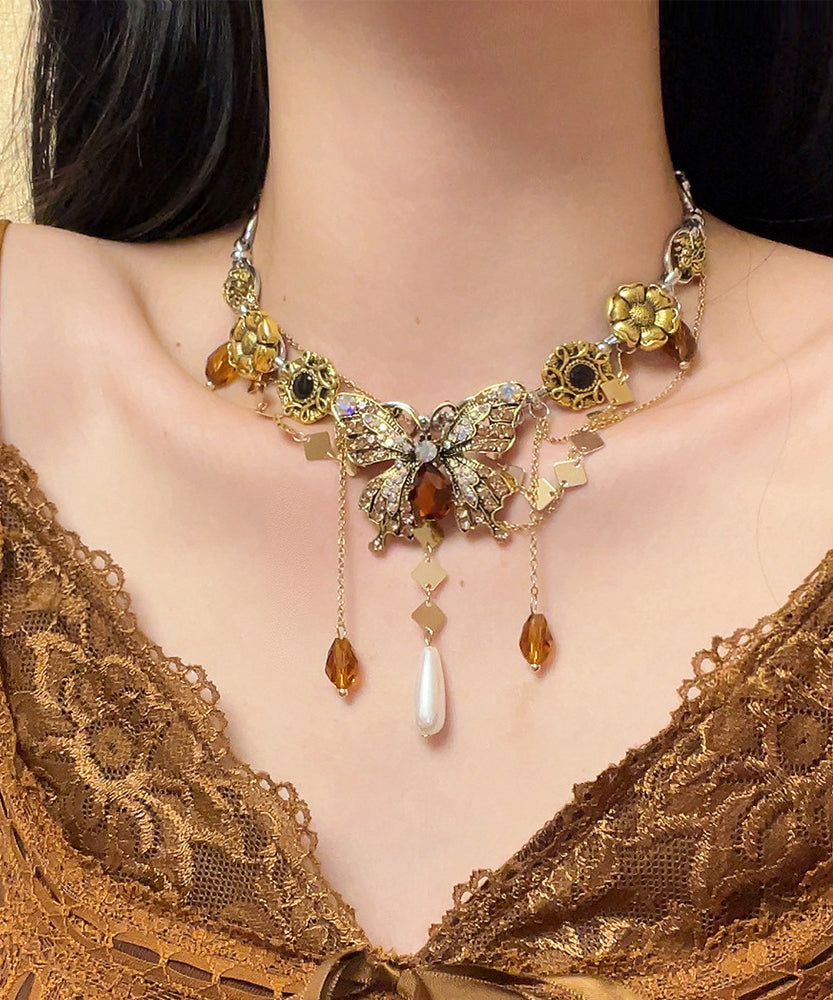 Boutique Gold Alloy Zircon Pearl Butterfly Tassel Pendant Necklace