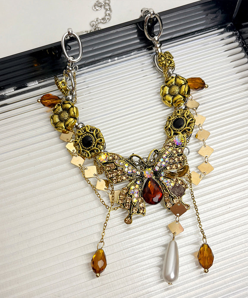 Boutique Gold Alloy Zircon Pearl Butterfly Tassel Pendant Necklace