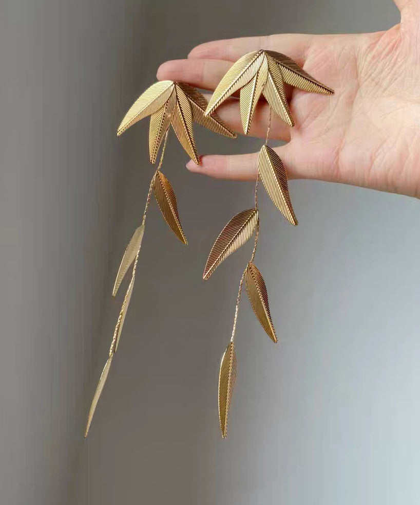 Boutique Gold Copper Overgild Bamboo Leaf Tassel Drop Earrings