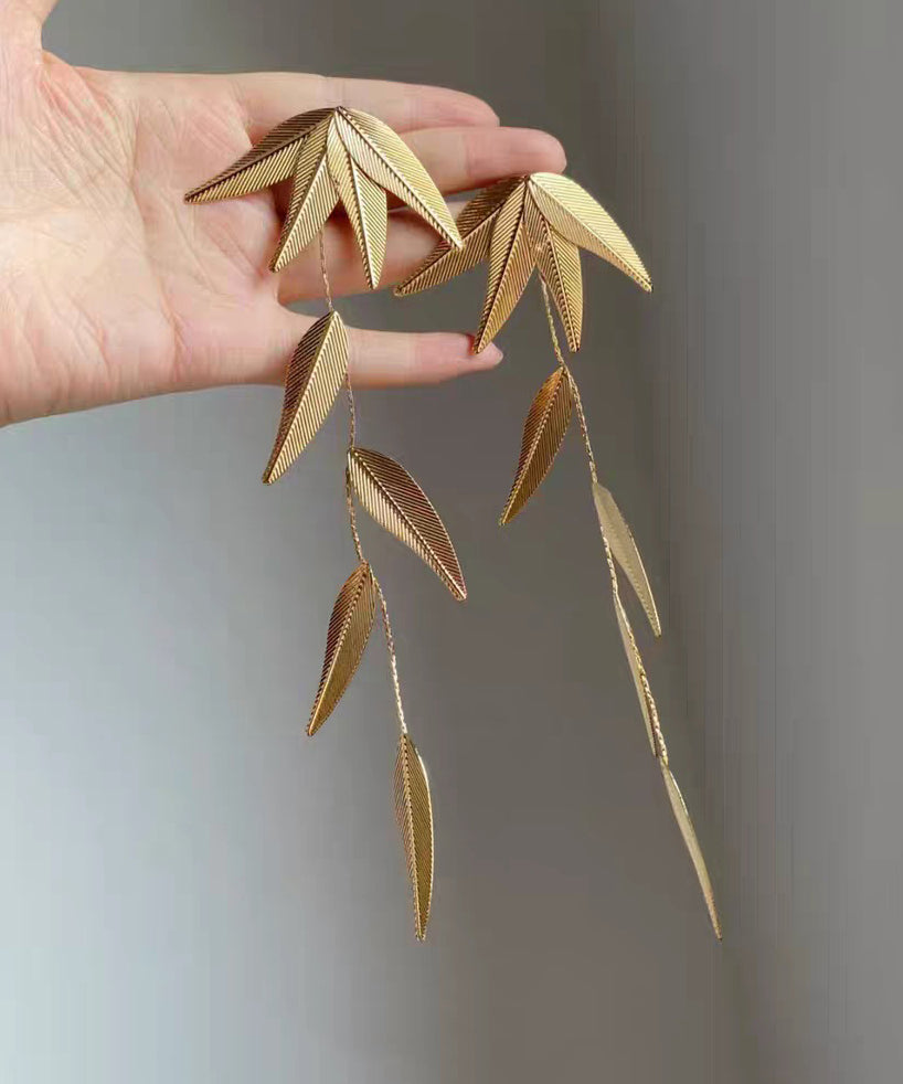 Boutique Gold Copper Overgild Bamboo Leaf Tassel Drop Earrings