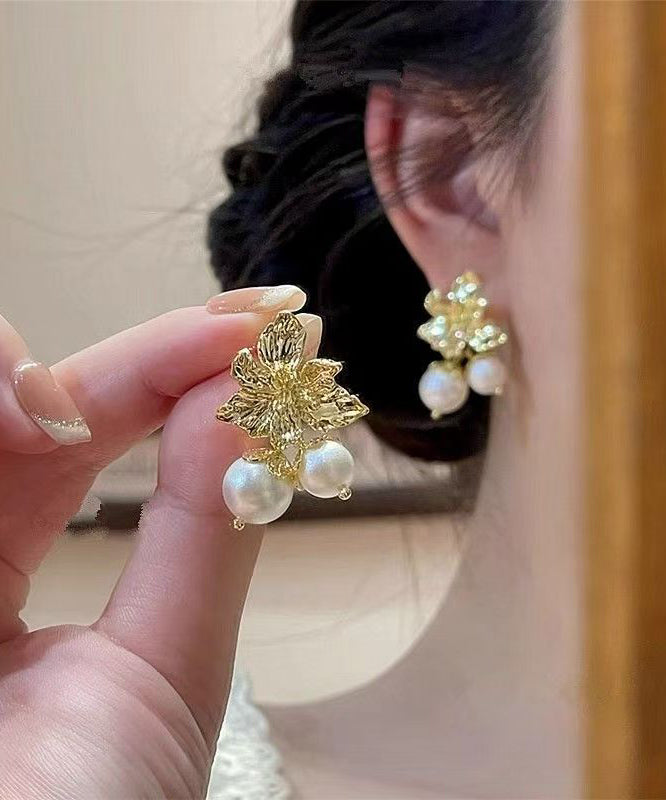 Boutique Gold Copper Overgild Pearl Floral Stud Earrings