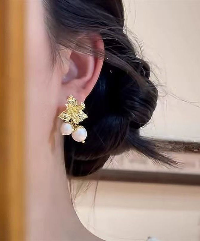 Boutique Gold Copper Overgild Pearl Floral Stud Earrings