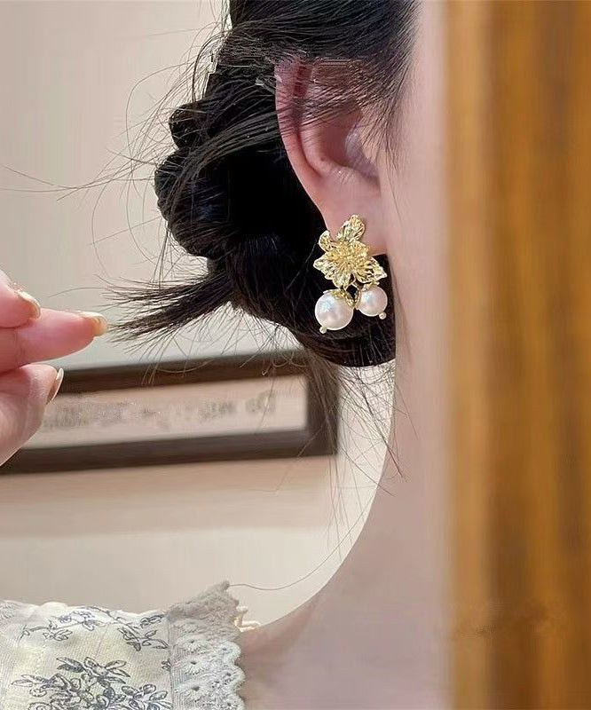 Boutique Gold Copper Overgild Pearl Floral Stud Earrings