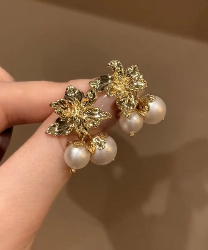Boutique Gold Copper Overgild Pearl Floral Stud Earrings