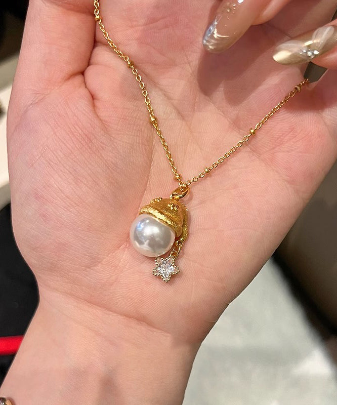 Boutique Gold Copper Overgild Zircon Pearl Christmas Hat Star Pendant Necklace