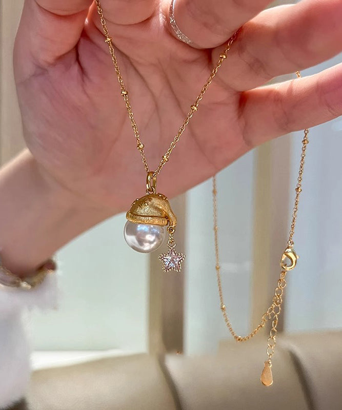 Boutique Gold Copper Overgild Zircon Pearl Christmas Hat Star Pendant Necklace