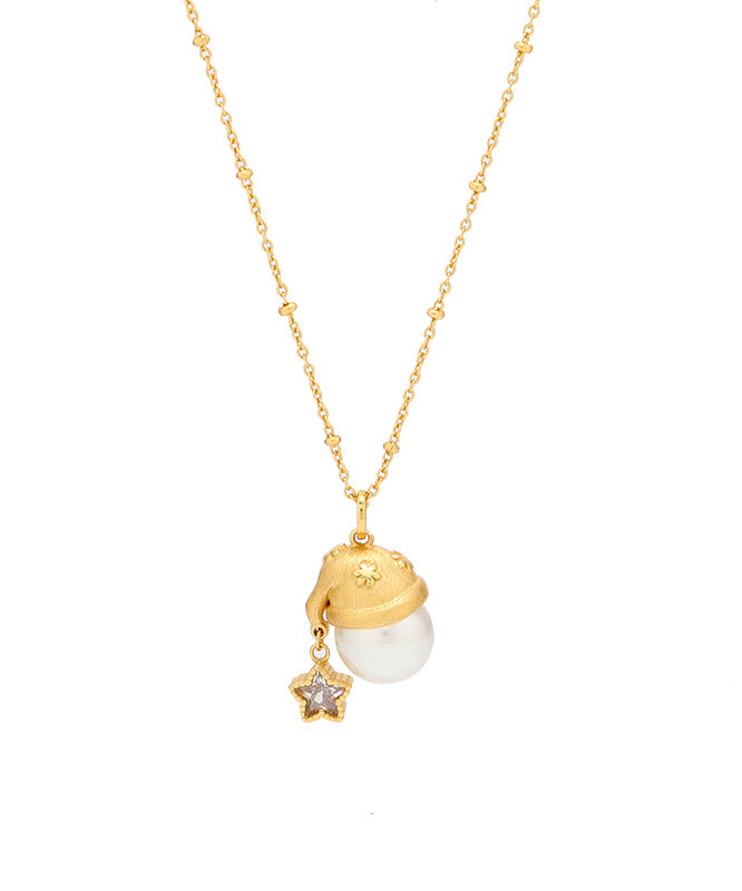 Boutique Gold Copper Overgild Zircon Pearl Christmas Hat Star Pendant Necklace