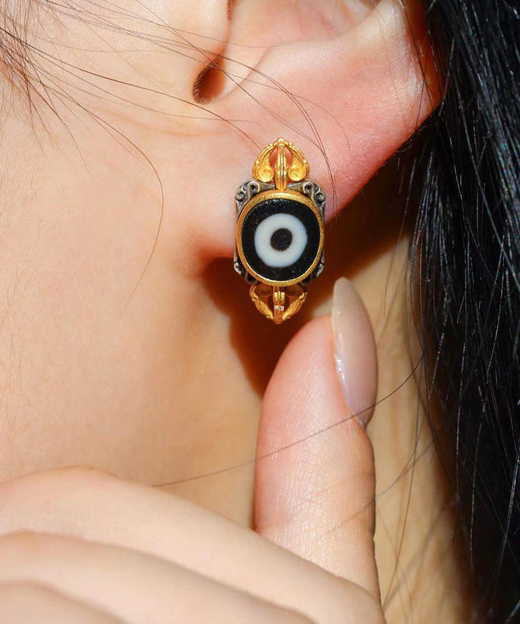 Boutique Gold Sterling Silver Overgild Inlaid Agate Stud Earrings