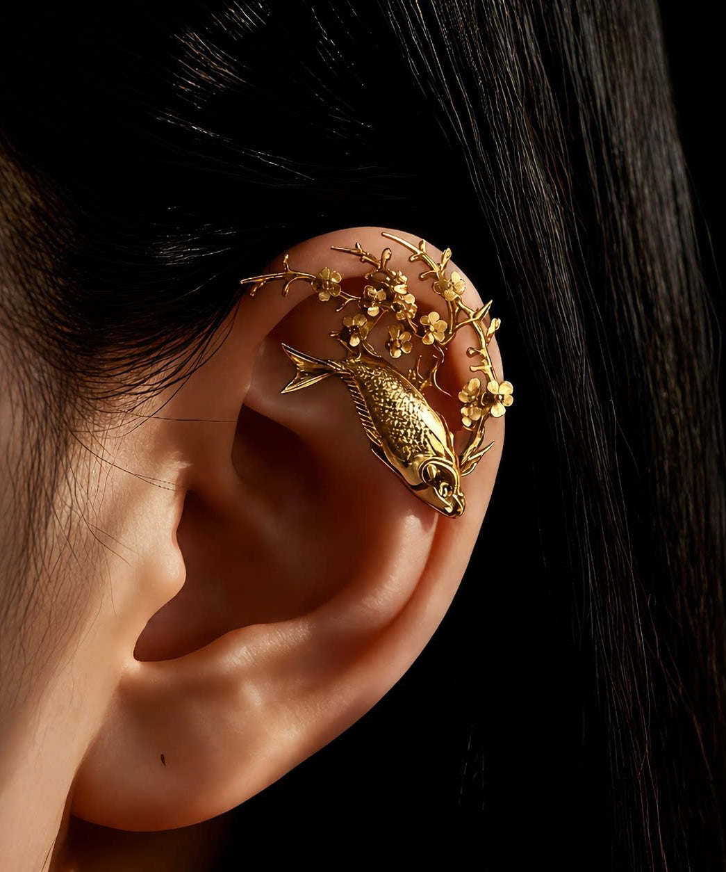 Boutique Gold Sterling Silver Overgild Koi Fish Plum Blossom Single Stud Earrings