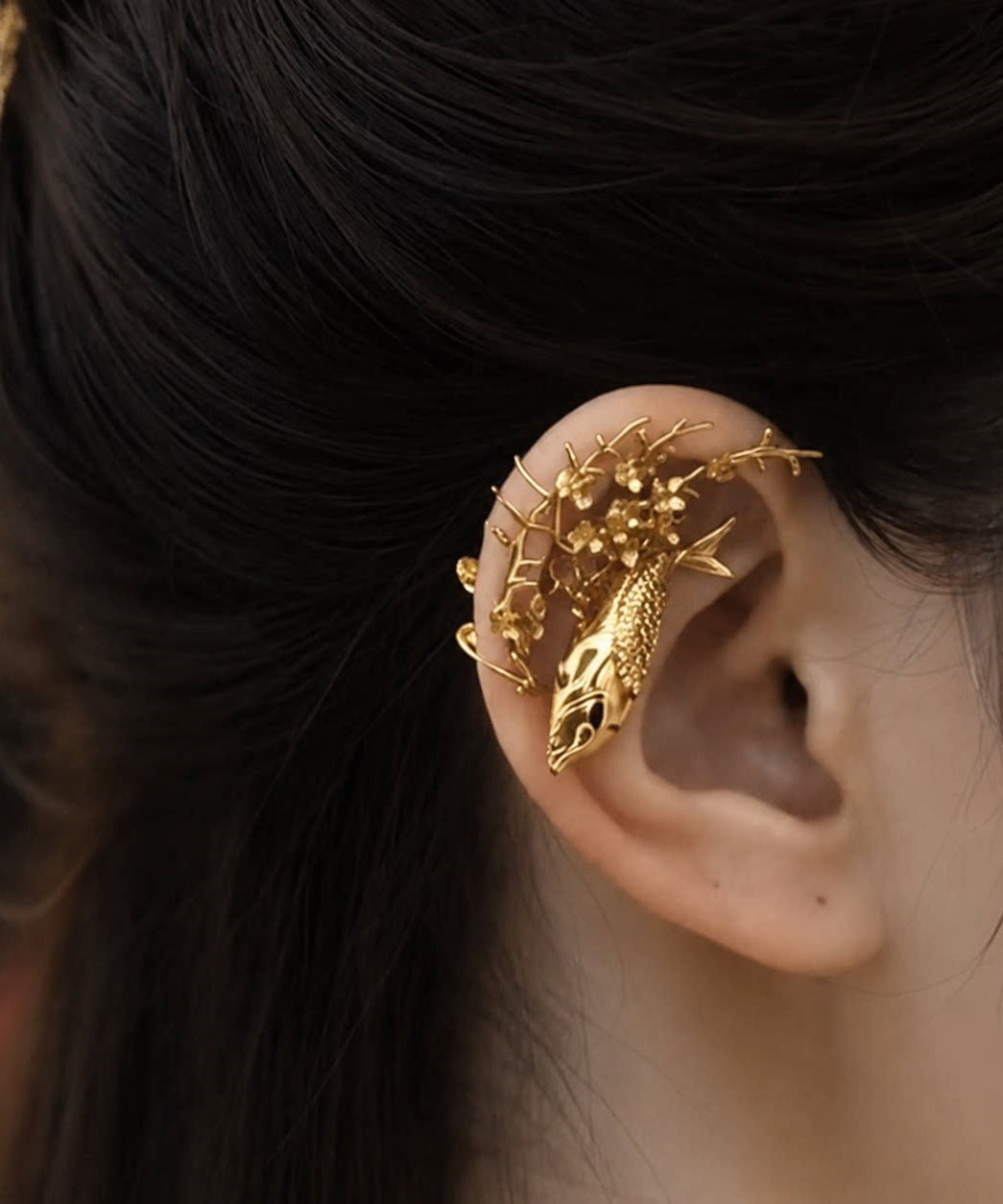 Boutique Gold Sterling Silver Overgild Koi Fish Plum Blossom Single Stud Earrings