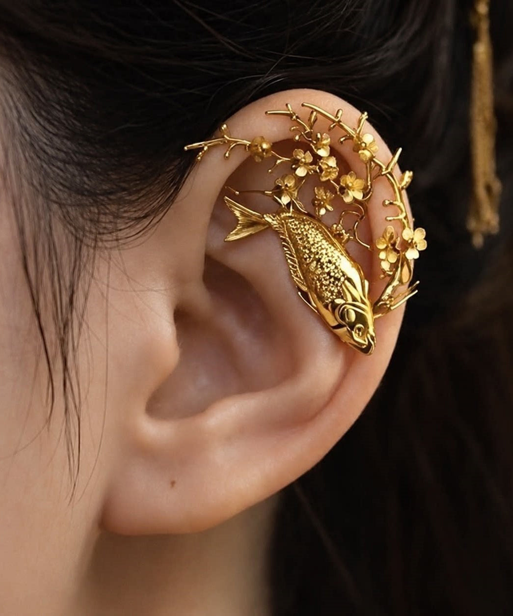 Boutique Gold Sterling Silver Overgild Koi Fish Plum Blossom Single Stud Earrings