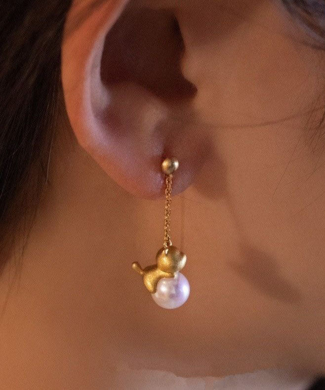 Boutique Gold Sterling Silver Overgild Little Cats Pearl Drop Earrings