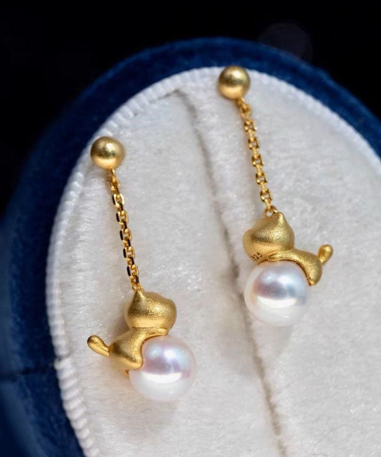 Boutique Gold Sterling Silver Overgild Little Cats Pearl Drop Earrings