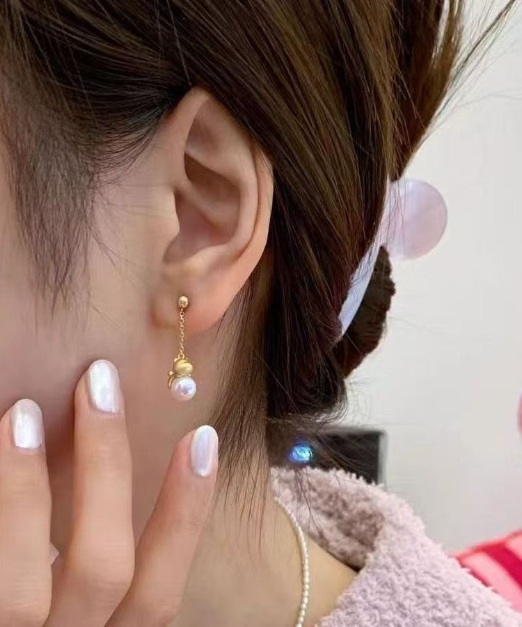 Boutique Gold Sterling Silver Overgild Little Cats Pearl Drop Earrings