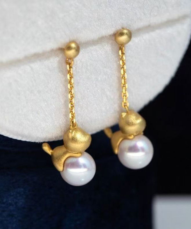 Boutique Gold Sterling Silver Overgild Little Cats Pearl Drop Earrings